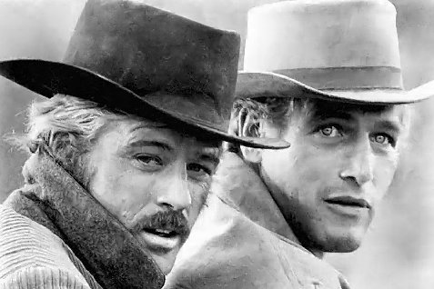 The Sundance Kid (Robert Redford) og Butch Cassidy (Paul Newman) rmmer fra autoritetene i George Roy Hills "Butch Cassidy and the Sundance Kid".